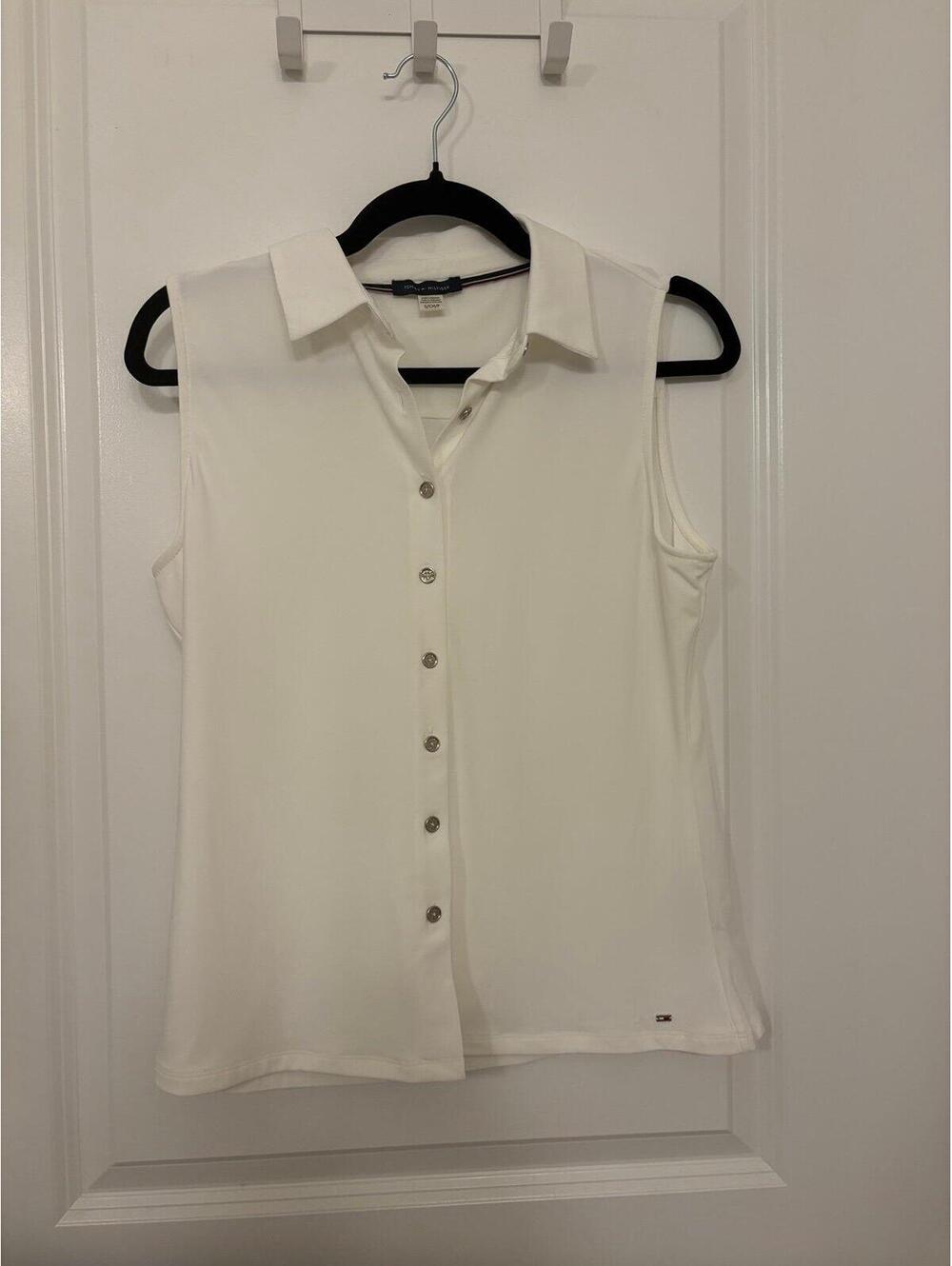 White Sleeveless Tommy Hilfiger Collared Button Front Top